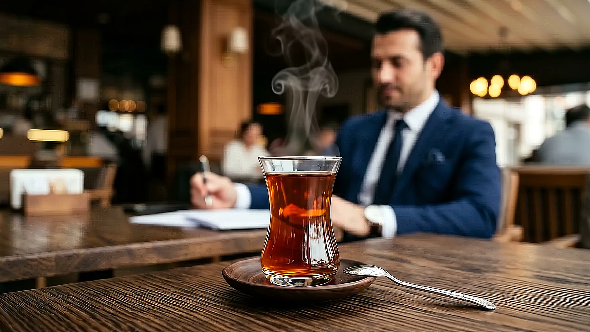 Steam rising from a freshly poured tea glass